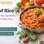 Jollof rice served with African ingredients, showing how to buy or eat Jollof rice in the UK